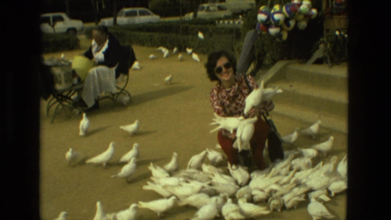 In a Madrid square, a woman in sunglasses crouches happily among white doves as a seated woman and feed bucket appear nearby.