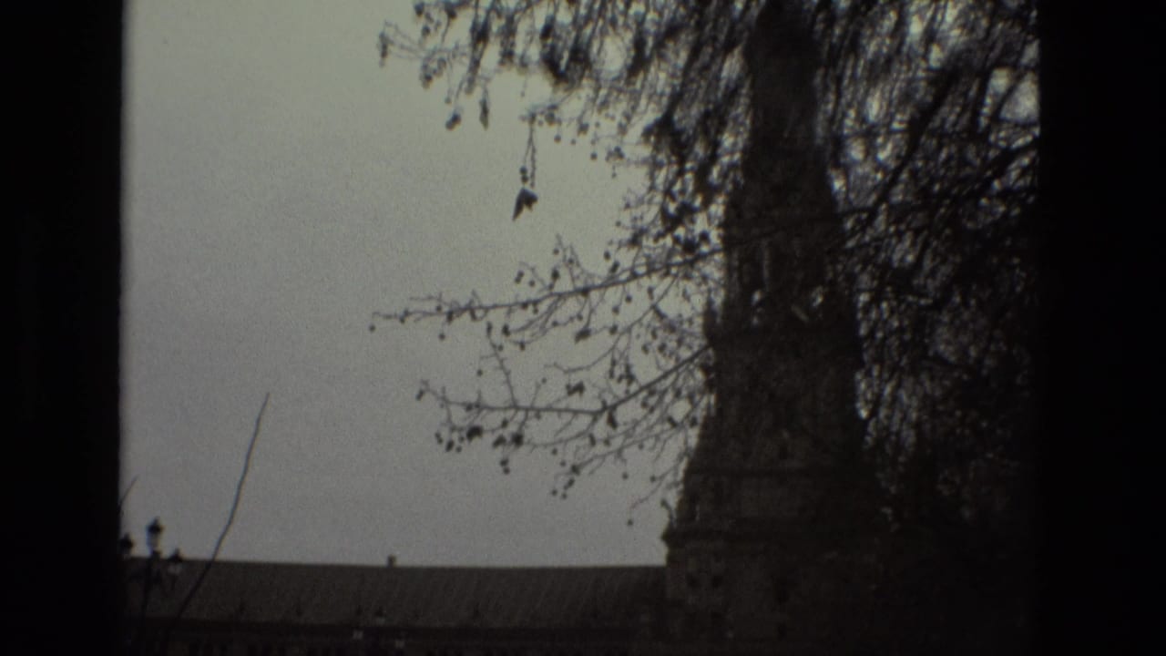 1978 Madrid 8mm frame showing a palace tower and long roofline partly obscured by bare branches and dark film edges.
