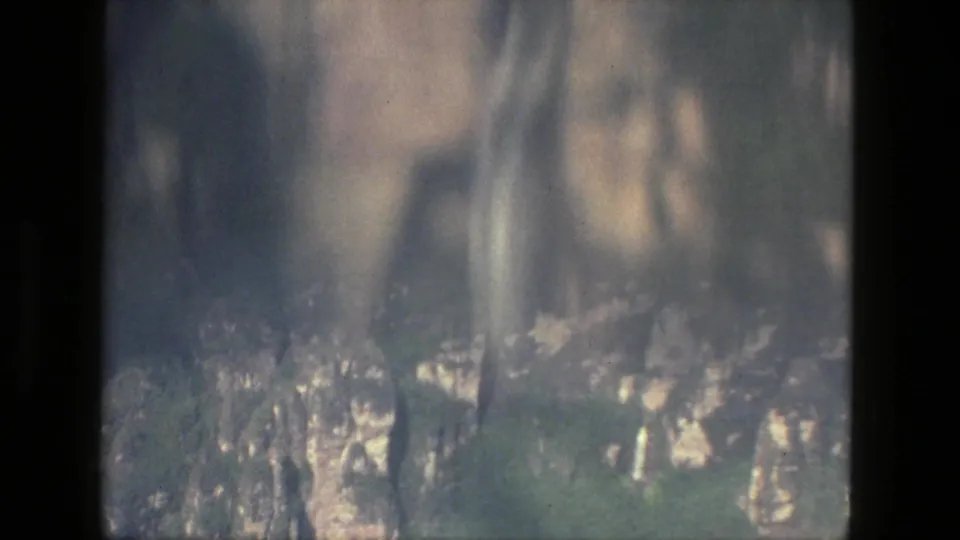 Soft 1979 8mm frame from the supplied Manaus clip, showing a blurred tropical slope with pale rock and green vegetation.