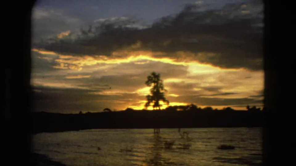 Manaus 1979 8mm frame showing a bright sunset band, dark clouds, rippled lake water, and a silhouetted tree.