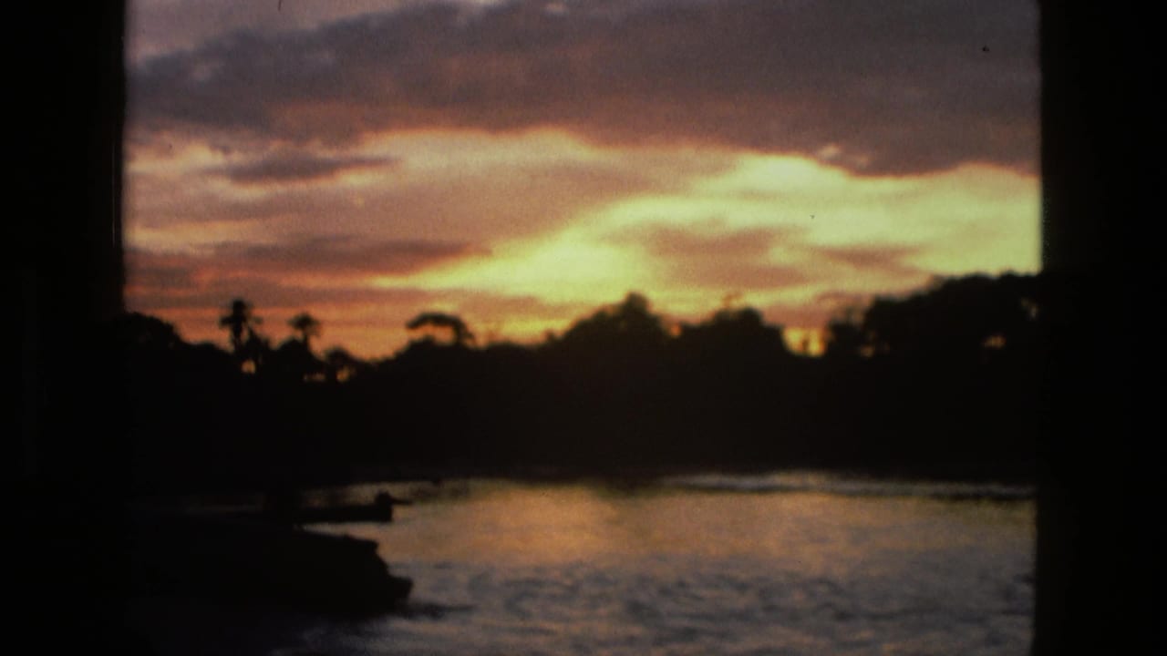 1979 8mm home-movie view of a warm sunset over water in Manaus, Brazil, with palm silhouettes and dark shoreline.