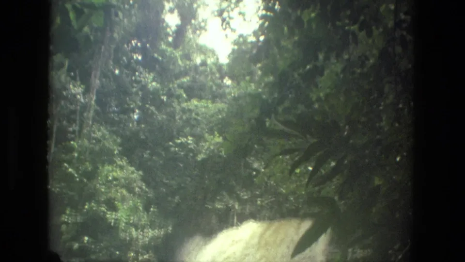 1979 8mm view near Manaus, Brazil, showing a waterfall partly obscured by dense jungle foliage and dark frame-edge shadow.