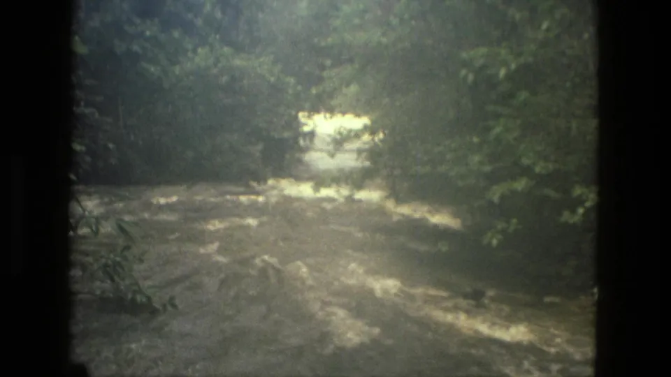 Soft 8mm frame of a rushing river near Manaus, Brazil, bordered by thick vegetation and a bright distant opening.