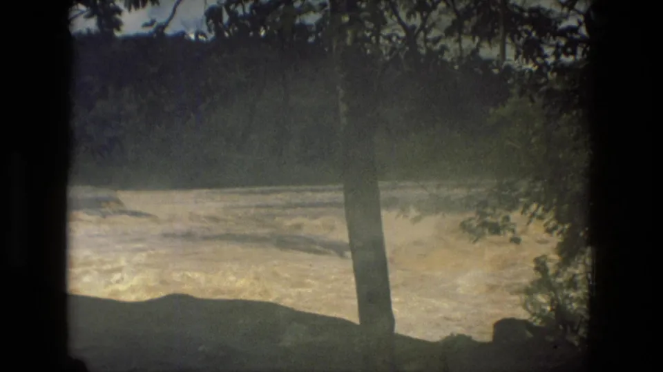 1979 Manaus, Brazil 8mm frame showing a swollen muddy river through trees and shaded riverbank foreground.