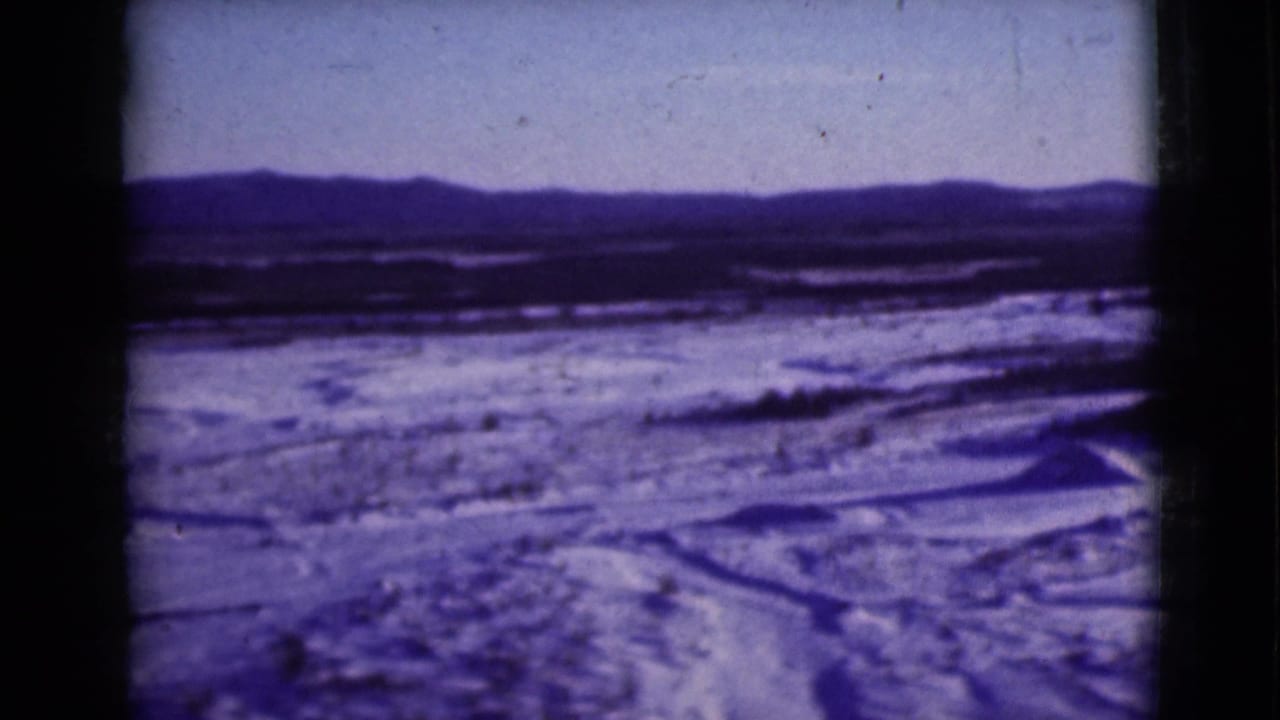 Snowy open landscape with dark channels and distant low mountains under a pale sky.