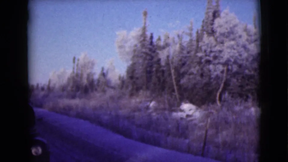 After the car passes, the camera holds on the curving road and snow-dusted Alaskan tree line, with part of the vehicle at frame edge.