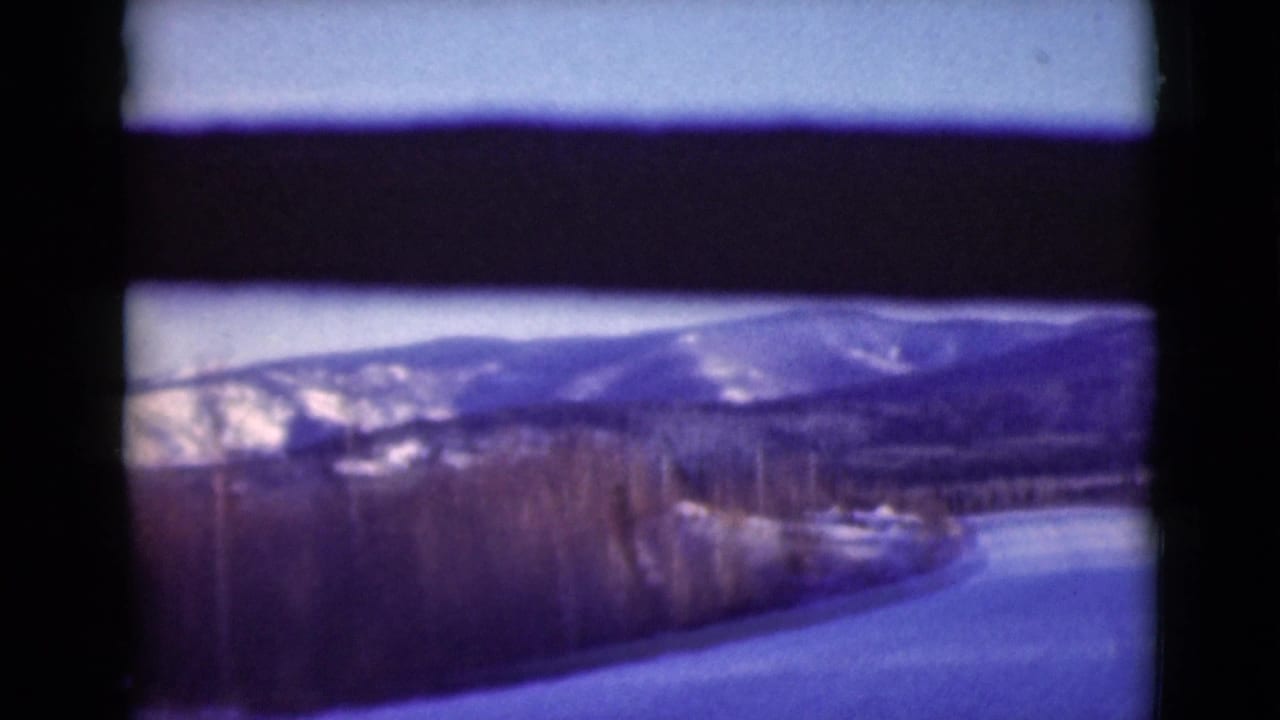 Snowy road curves through forest toward distant mountains under a pale sky.