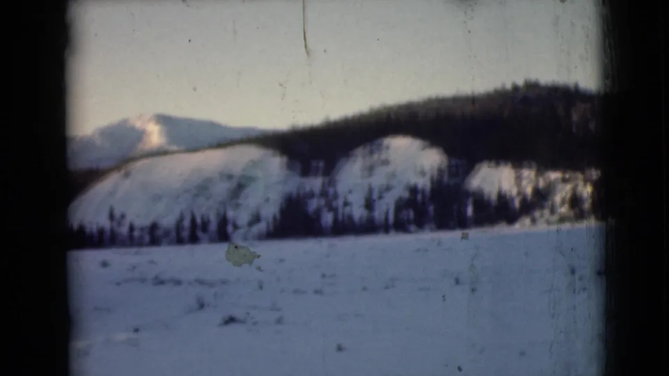 1946 Alaska 8mm frame showing snowy hills, dark evergreen forest, and a distant mountain peak under a pale sky.