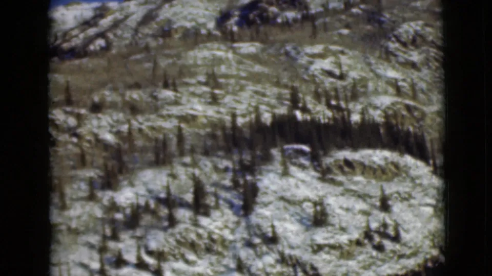 1946 Alaska 8mm view of a snow-dusted hillside with scattered evergreens and rough exposed ground.