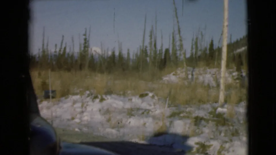 1946 Alaska home-movie frame showing snow-dusted ground, sparse evergreens, and a partial view of a car at the edge.