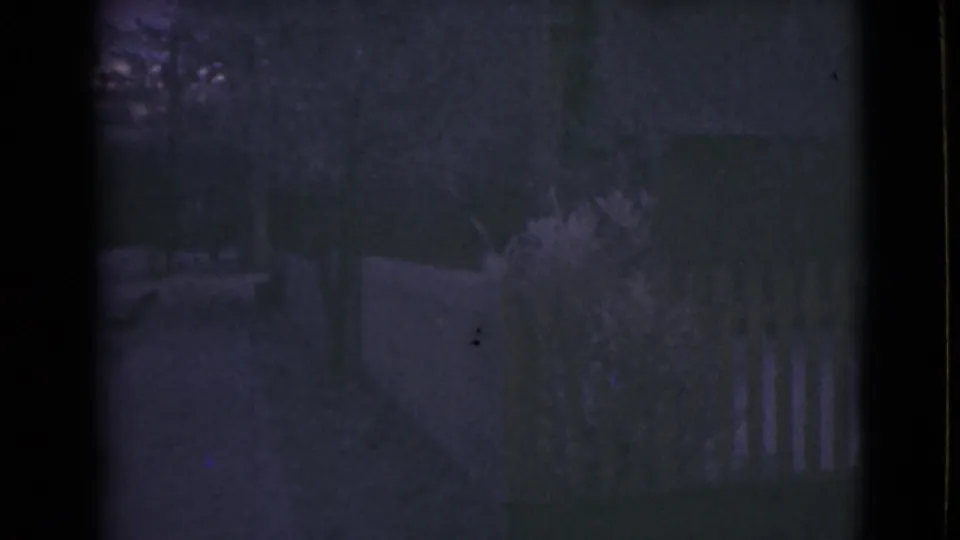 1946 Alaska frame with a faint fence line, shrubs, pale walkway or curb, and a dark exterior surface under low exposure.