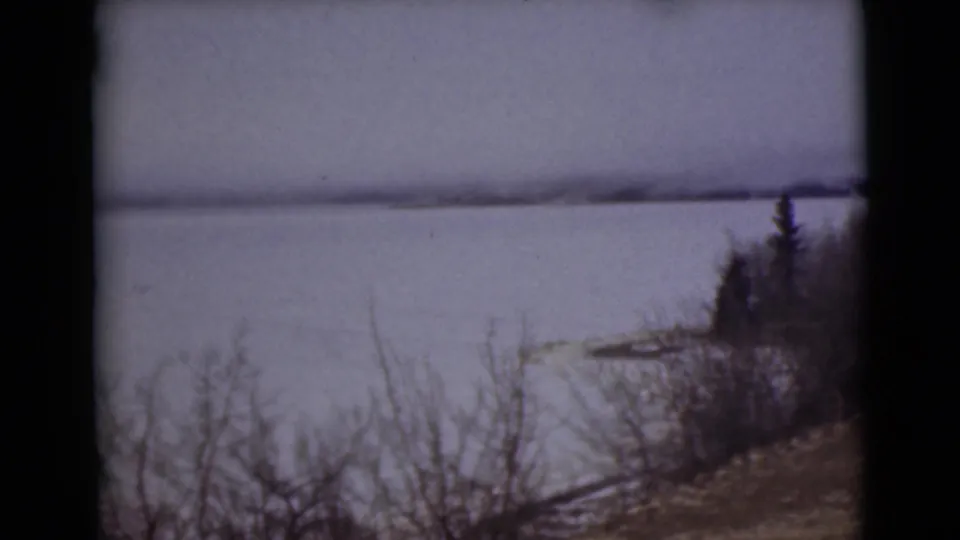 1946 Alaska home-movie frame looking past bare roadside brush toward a wide frozen lake and low distant shore.