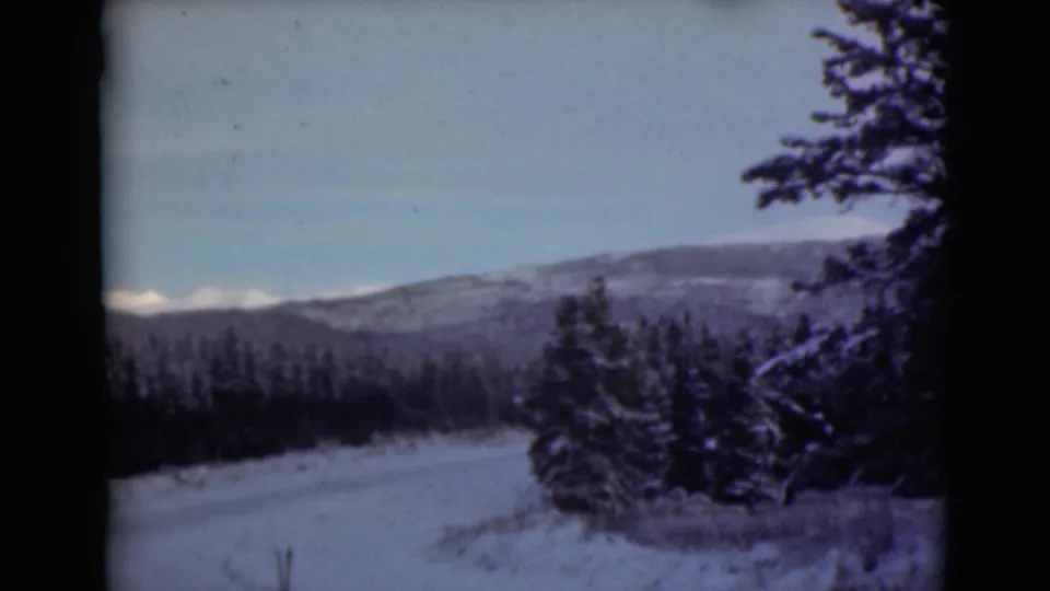 1946 Alaska 8mm frame showing snow-laden roadside trees, a pale sky, and distant mountain ridges across the horizon.