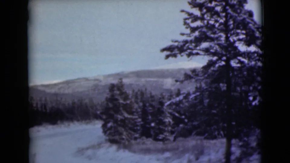 1946 Alaska winter landscape with evergreens in snow, distant hills, and blue-tinted 8mm film edges.