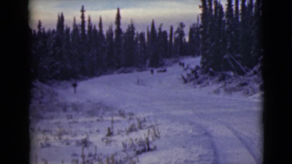 1946 Alaska home-movie frame showing a blue-toned snowy road, roadside brush, evergreens, and distant moving figures.