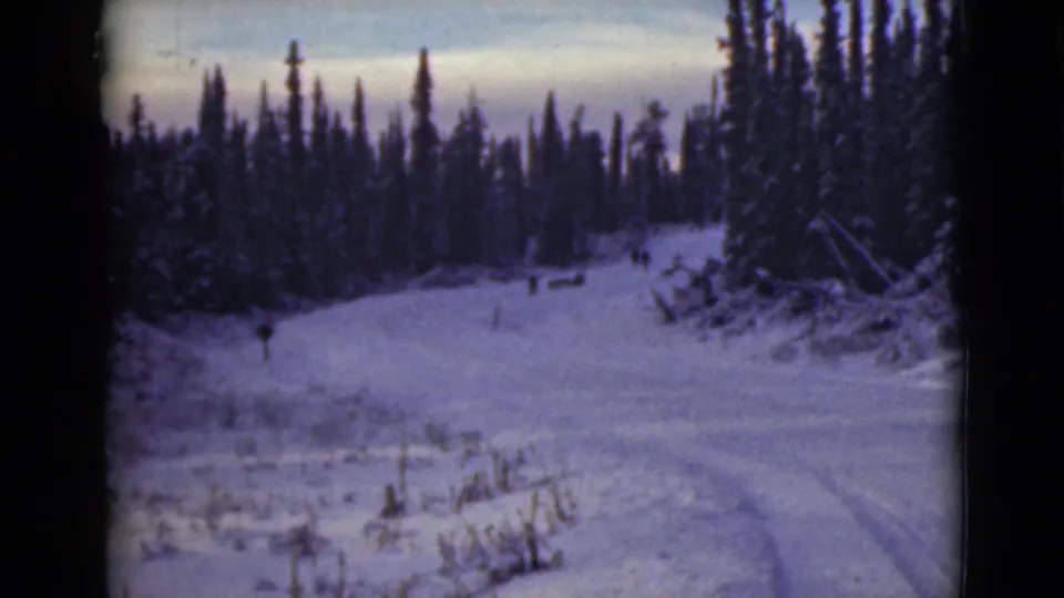1946 Alaska 8mm frame showing a snow-covered forest trail with distant travelers and sled-like forms under a dim winter sky.
