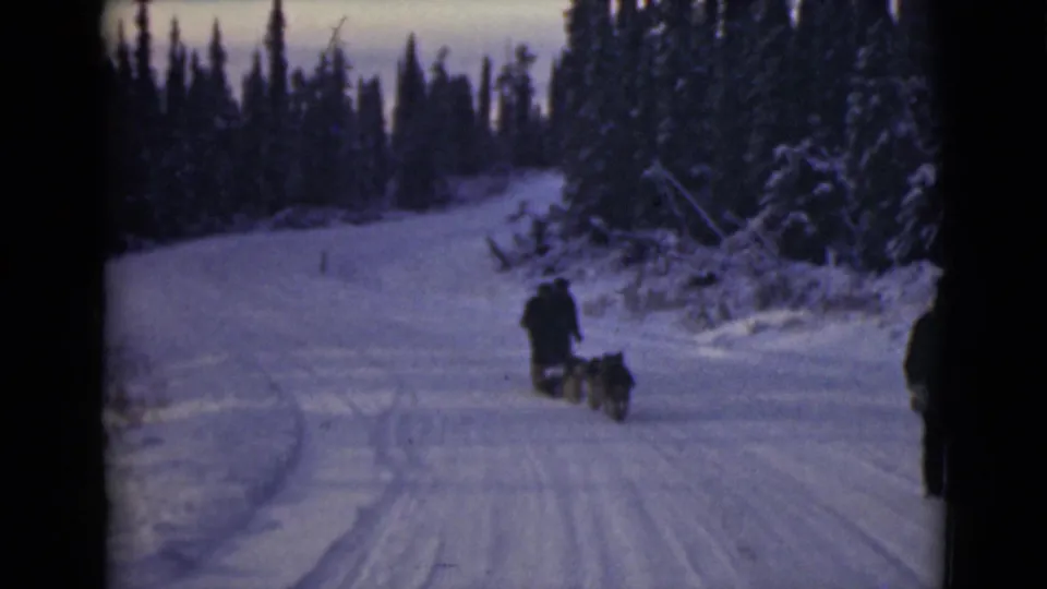 1946 Alaska 8mm frame showing a dog sled team and people on a snowy forest road.
