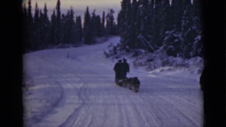 1946 Alaska 8mm frame with a dog sled team, two nearby people, and a snow road through evergreens.