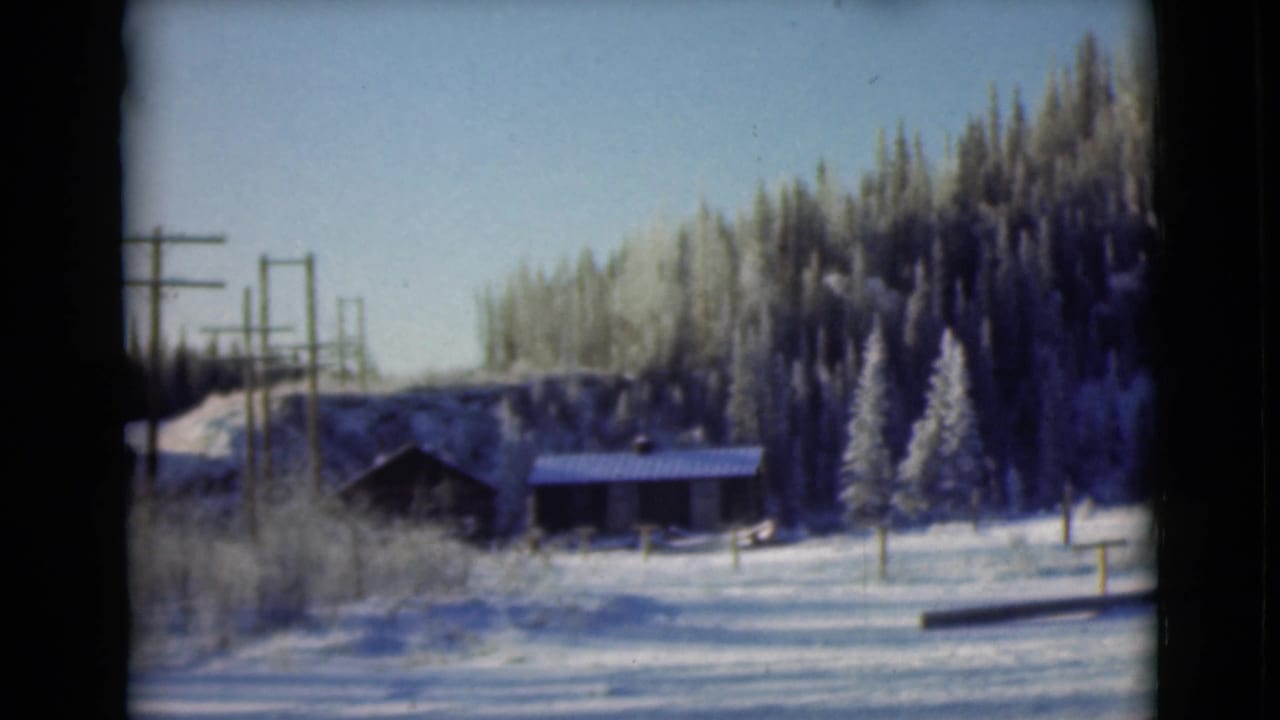 1946 Alaska winter view with cabin-like buildings, snow-laden evergreens, utility poles, and open snowy ground.