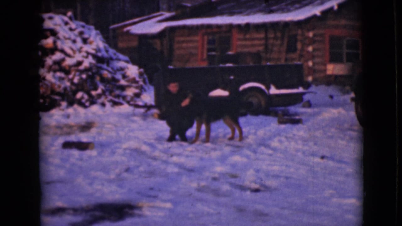 Woman kneeling beside a large dark dog in a snowy cabin yard.