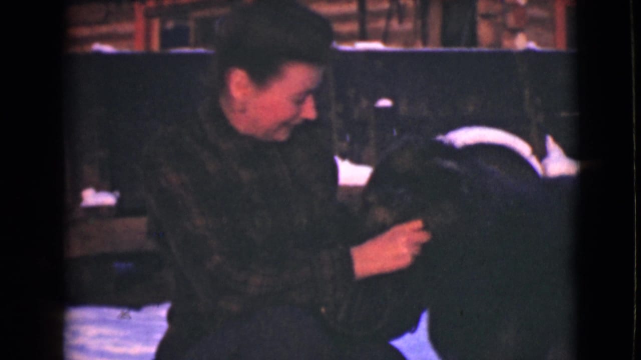 In 1946 Alaska home-movie footage, a woman in winter clothing crouches in snow while petting a large dark dog.