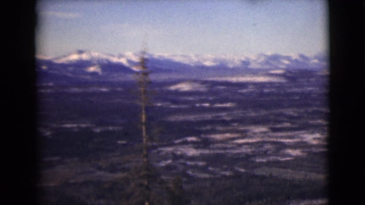 1946 Alaska 8mm frame showing a distant snow-capped mountain range, dark valley terrain, blue sky, and thin foreground trees.