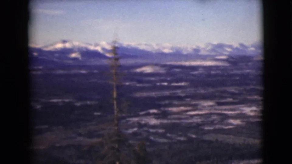 1946 Alaska 8mm frame showing a distant snow-capped mountain range, dark valley terrain, blue sky, and thin foreground trees.