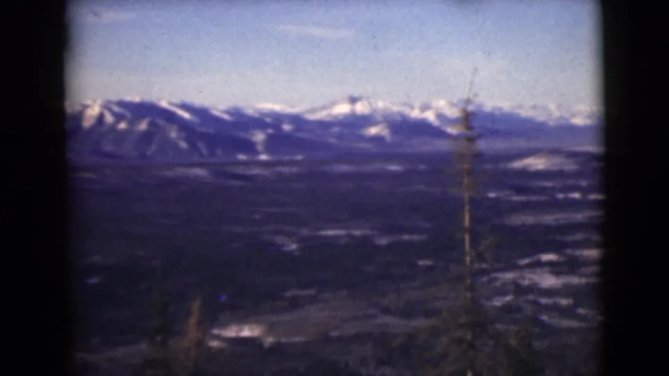 1946 Alaska 8mm frame showing a wide mountain panorama, dark valley landforms, pale water or lowland areas, and sparse foreground trees.