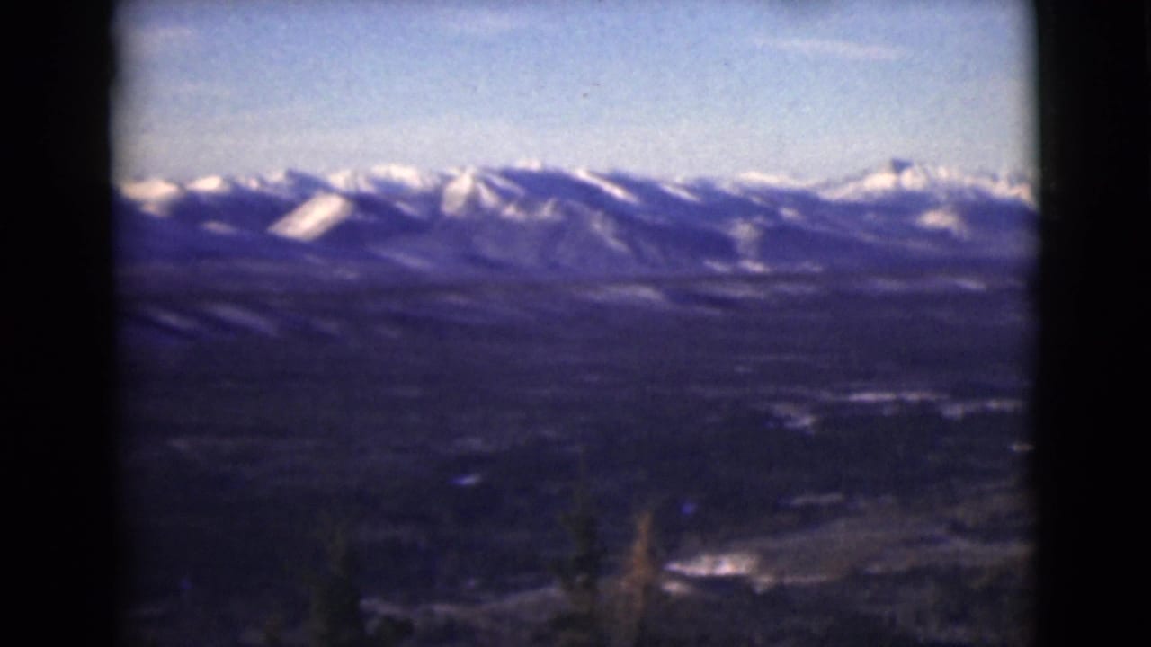 Distant snow-capped mountain range above a dark valley with trees in the foreground.
