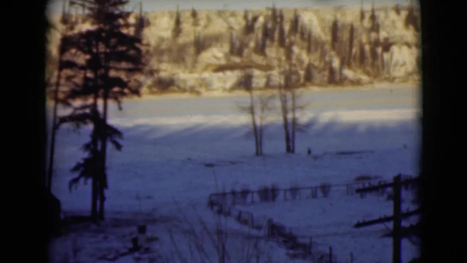 1946 Alaska home-movie frame with a snowy field, tree trunks in the foreground, distant woods, low fencing, and a utility pole.