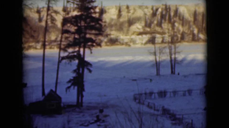 1946 Alaska 8mm frame showing a winter field, tall trees, a small cabin-like structure, fencing, and wooded hills in the distance.