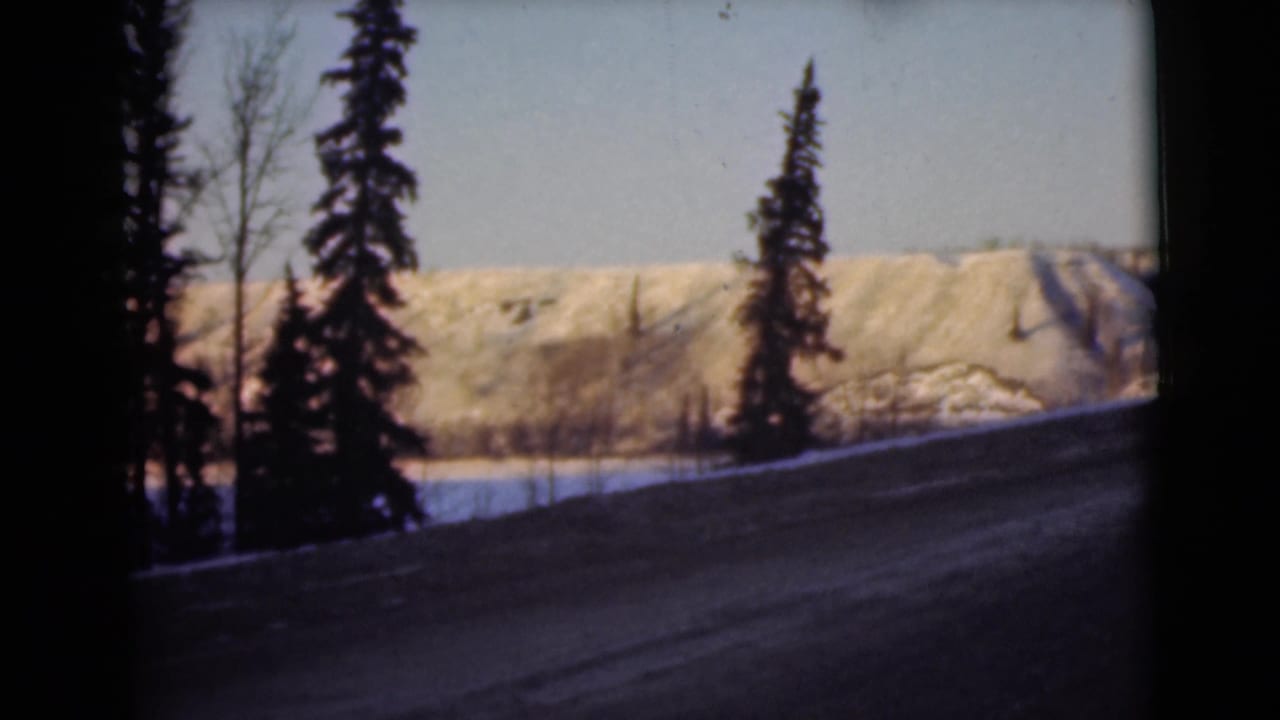 Snowy road with dark evergreen trees and a pale hillside beyond.