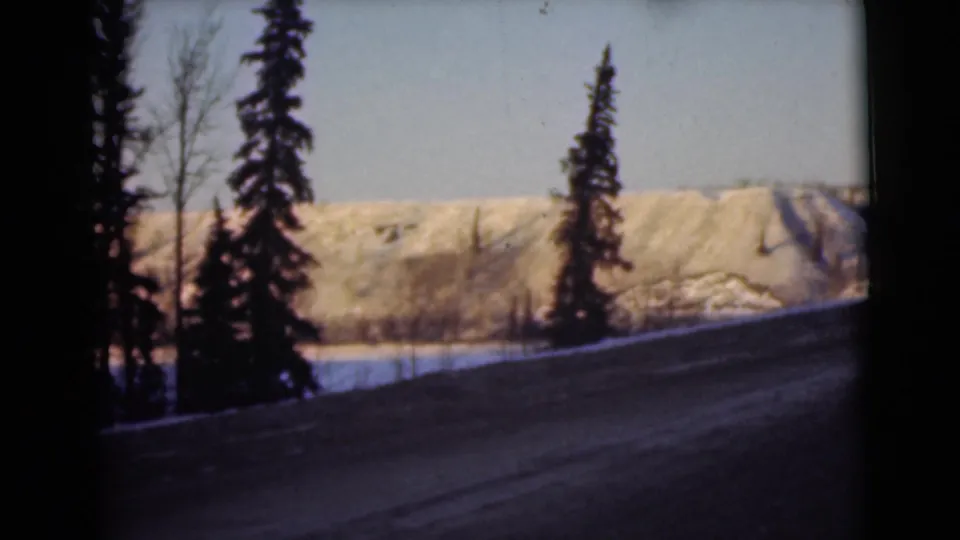 1946 Alaska home-movie frame showing a snowy roadside, tall evergreens, bare trees, and a sunlit pale hillside.