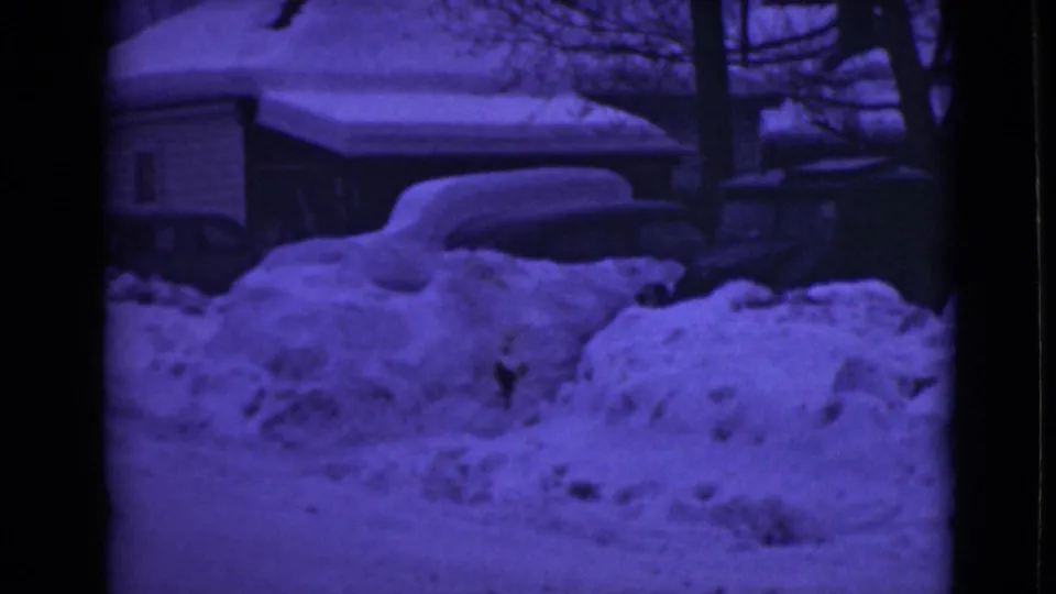 Final 1946 Alaska frame with cars or trucks buried in roadside snow under bare trees at night.