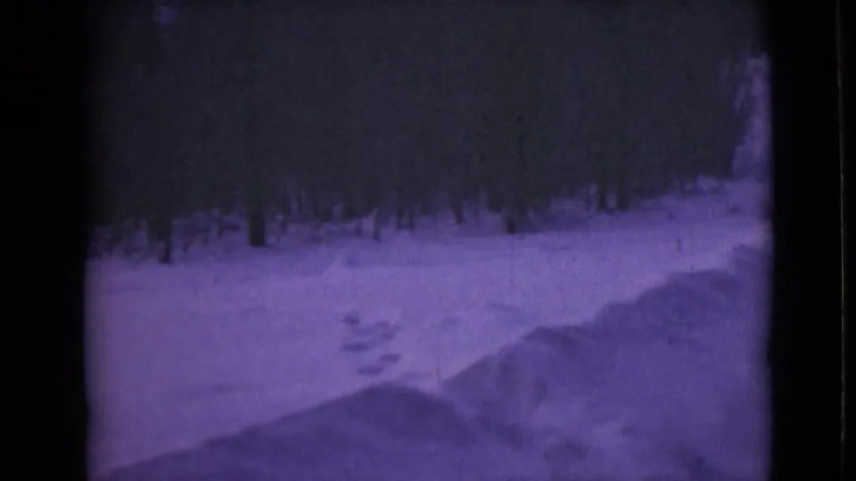 1946 Alaska 8mm view of snowbanks, a curving road or path, footprints, and a dark wooded background.