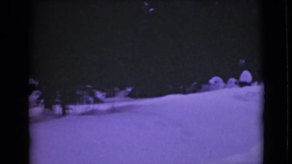 1946 Alaska 8mm frame showing an open snowfield, dark distant trees, and a dim winter sky with visible film grain.