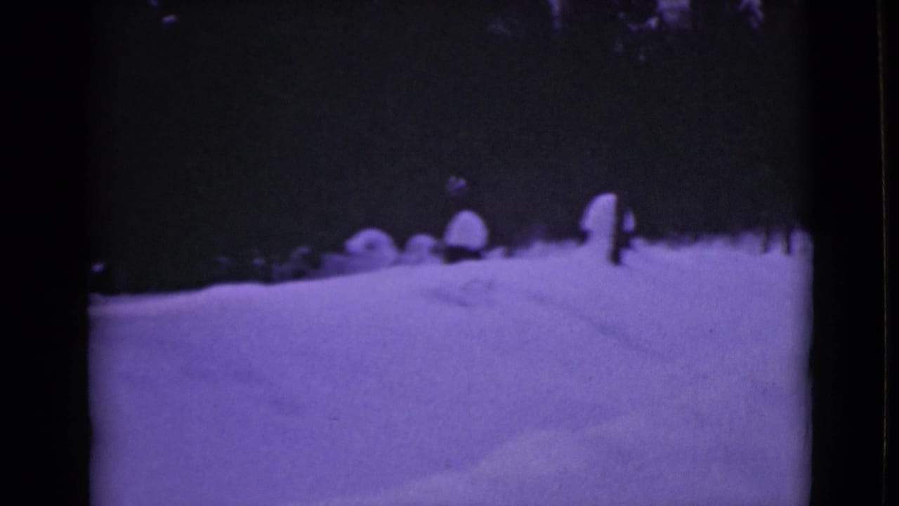 Snow-covered road or track leading through a dark pine forest with heavy snowbanks.