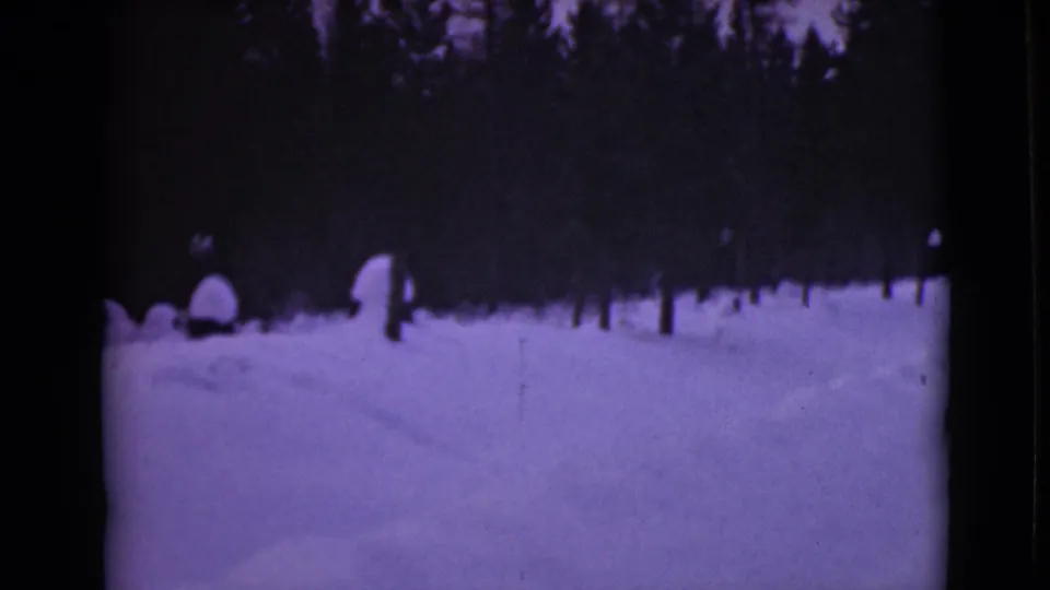 1946 Alaska 8mm frame showing a snow-covered track in a pine forest, with a distant upright figure near the left-center roadside.