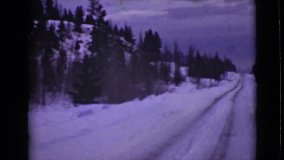 1946 Alaska winter road scene with snowbanks, dark evergreens, and tire tracks leading past a wooded hillside.