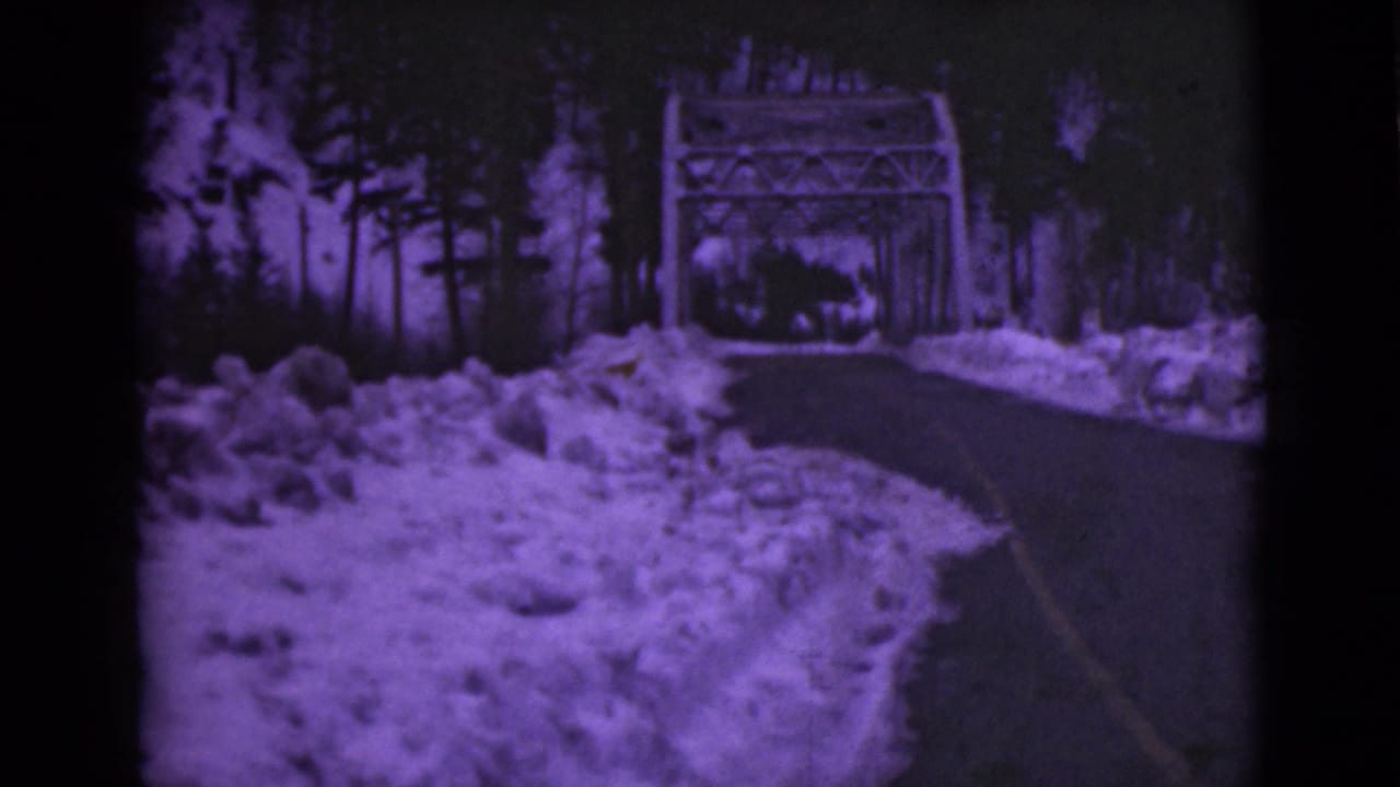 1946 Alaska 8mm frame looking down a cleared winter road toward a metal truss bridge in a snowy evergreen landscape.
