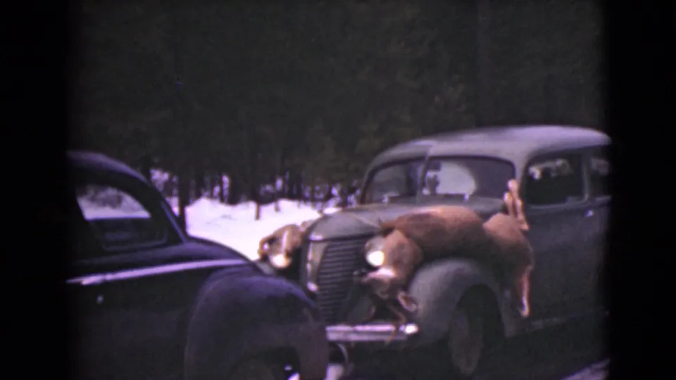 1946 Alaska home-movie frame of a deer across a vintage car hood, with another dark car and snowy woods nearby.