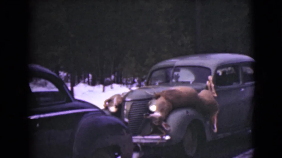 1946 Alaska 8mm still showing two older cars in a snowy forest clearing, one carrying a deer across its front hood.