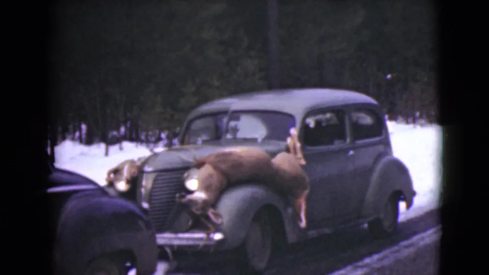 1946 Alaska 8mm still of a dark rounded sedan with harvested deer across the hood, framed by snow and forest.