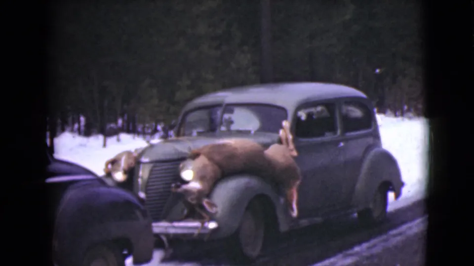 1946 Alaska frame showing harvested deer secured to a dark 1940s sedan, with snowbanks and evergreen trees behind it.