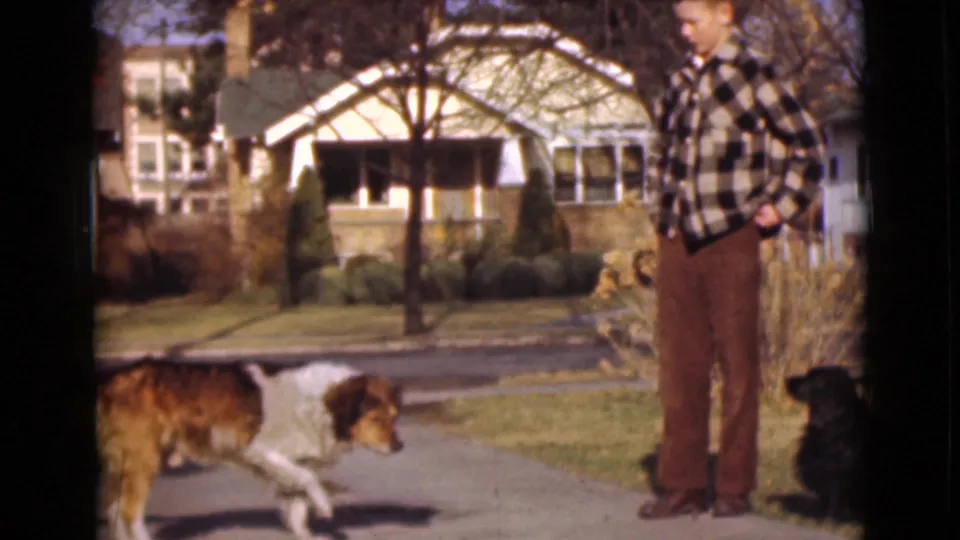 1946 Alaska 8mm frame of Fred standing beside two dogs on a residential sidewalk after the treat gesture.