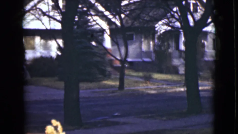 1946 Alaska 8mm frame showing a quiet residential street through dark tree trunks, with small houses and a driveway beyond.