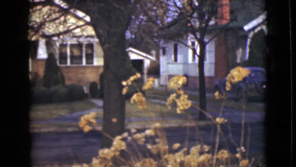 1946 Alaska residential frame with two houses, a large bare tree, sidewalk, lawn, and a blue sedan partly visible near the right edge.
