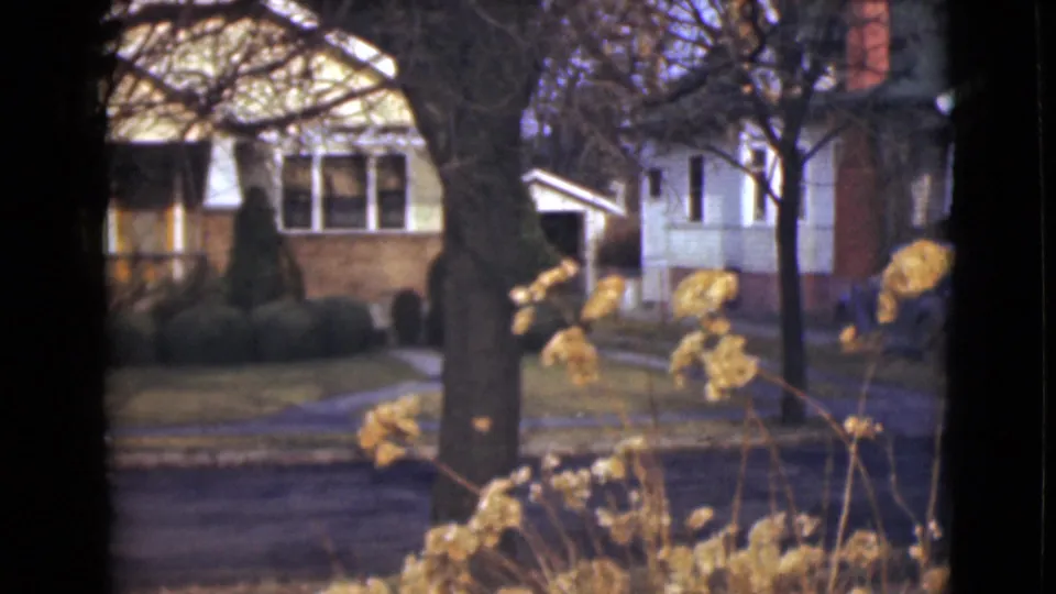 1946 Alaska 8mm frame showing two modest houses, a large tree, foreground yellow plants, sidewalk, street, and a partial blue sedan.
