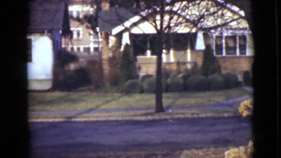1946 Alaska residential exterior seen from across an empty street, with a central bare tree, clipped shrubs, sidewalk, and front lawn.