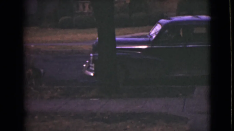 A dark vintage car remains parked near the curb as the small dog is partly visible at the edge of the 8mm frame.